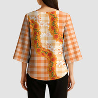 Orange Hawaii Palaka Kimono Sleeve Blouse Hawaiian Ilima Lei