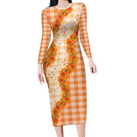 Orange Hawaii Palaka Long Sleeve Bodycon Dress Hawaiian Ilima Lei