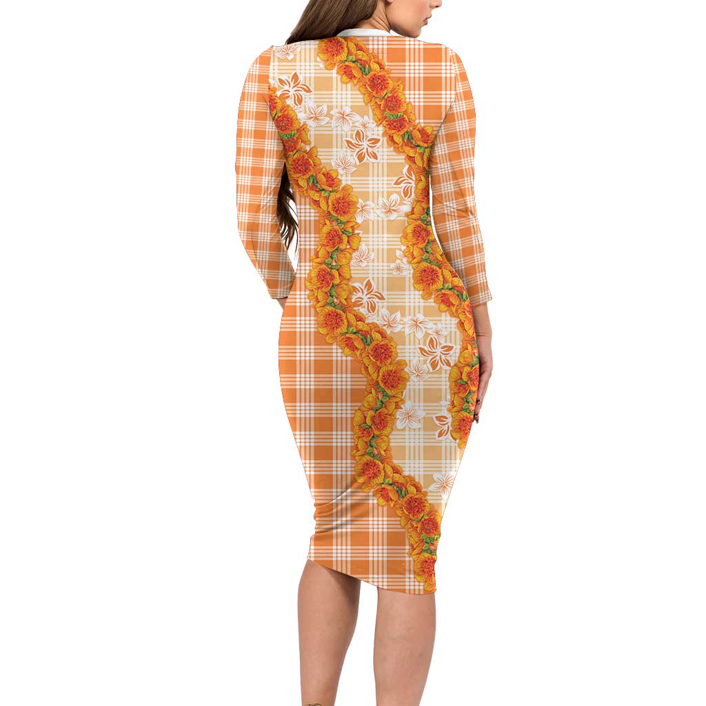 Orange Hawaii Palaka Long Sleeve Bodycon Dress Hawaiian Ilima Lei