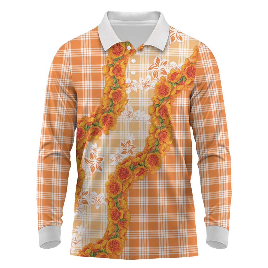 Orange Hawaii Palaka Long Sleeve Polo Shirt Hawaiian Ilima Lei