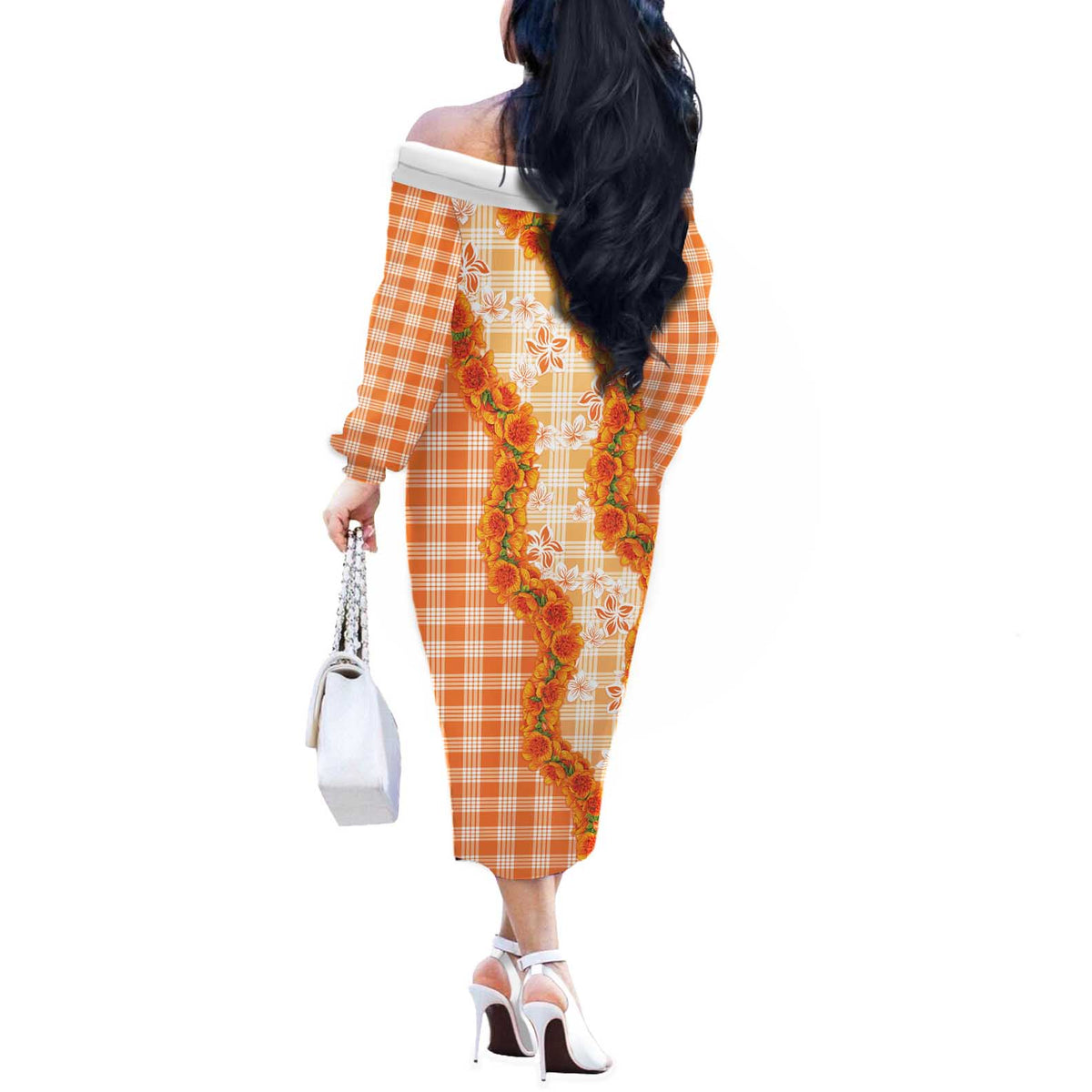 Orange Hawaii Palaka Off The Shoulder Long Sleeve Dress Hawaiian Ilima Lei LT05 - Polynesian Pride