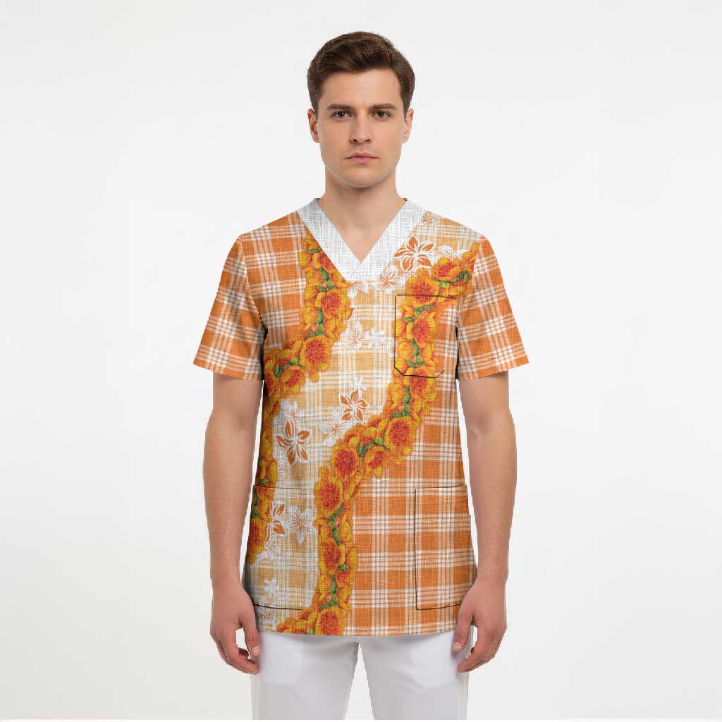 Orange Hawaii Palaka Scrub Top Hawaiian Ilima Lei