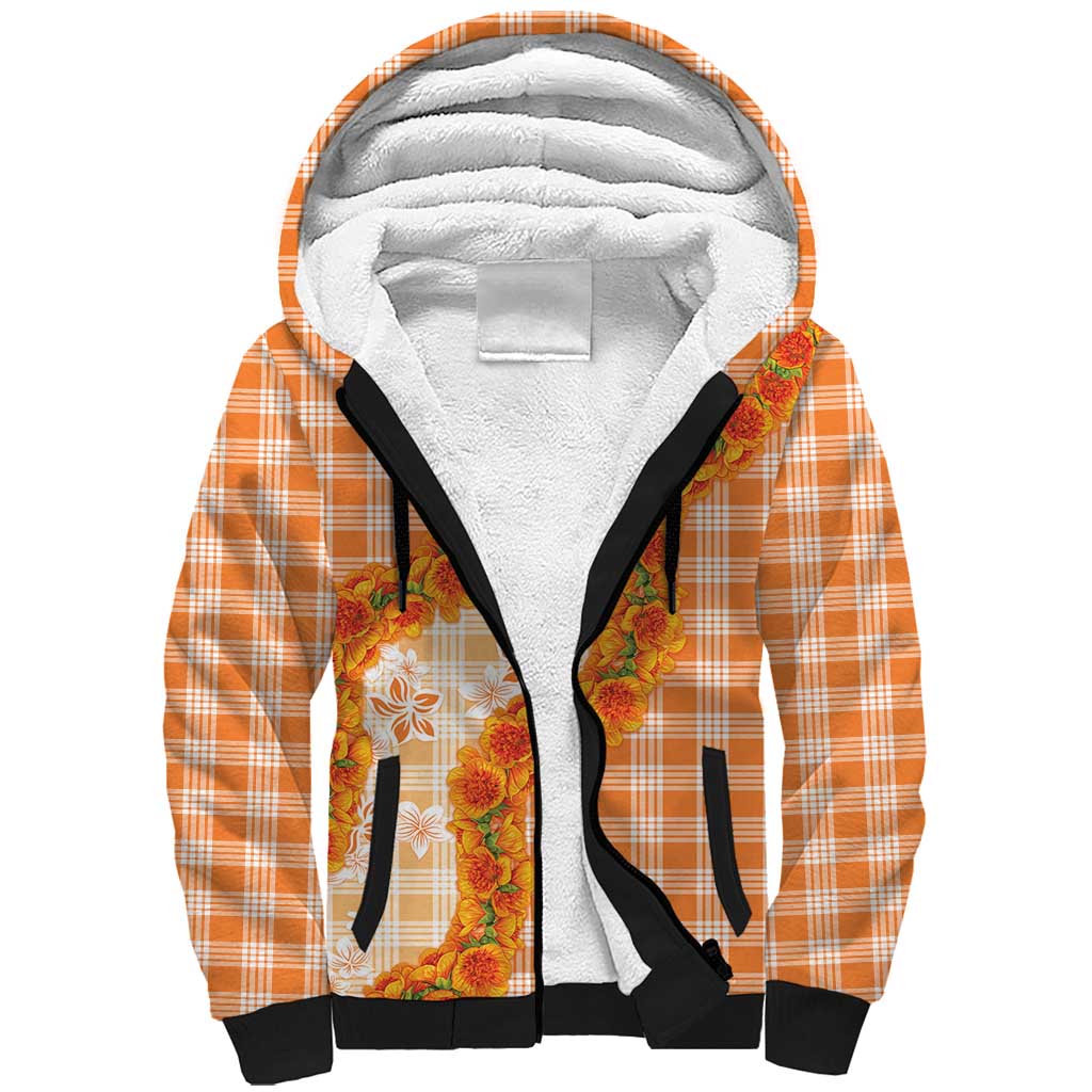 Orange Hawaii Palaka Sherpa Hoodie Hawaiian Ilima Lei