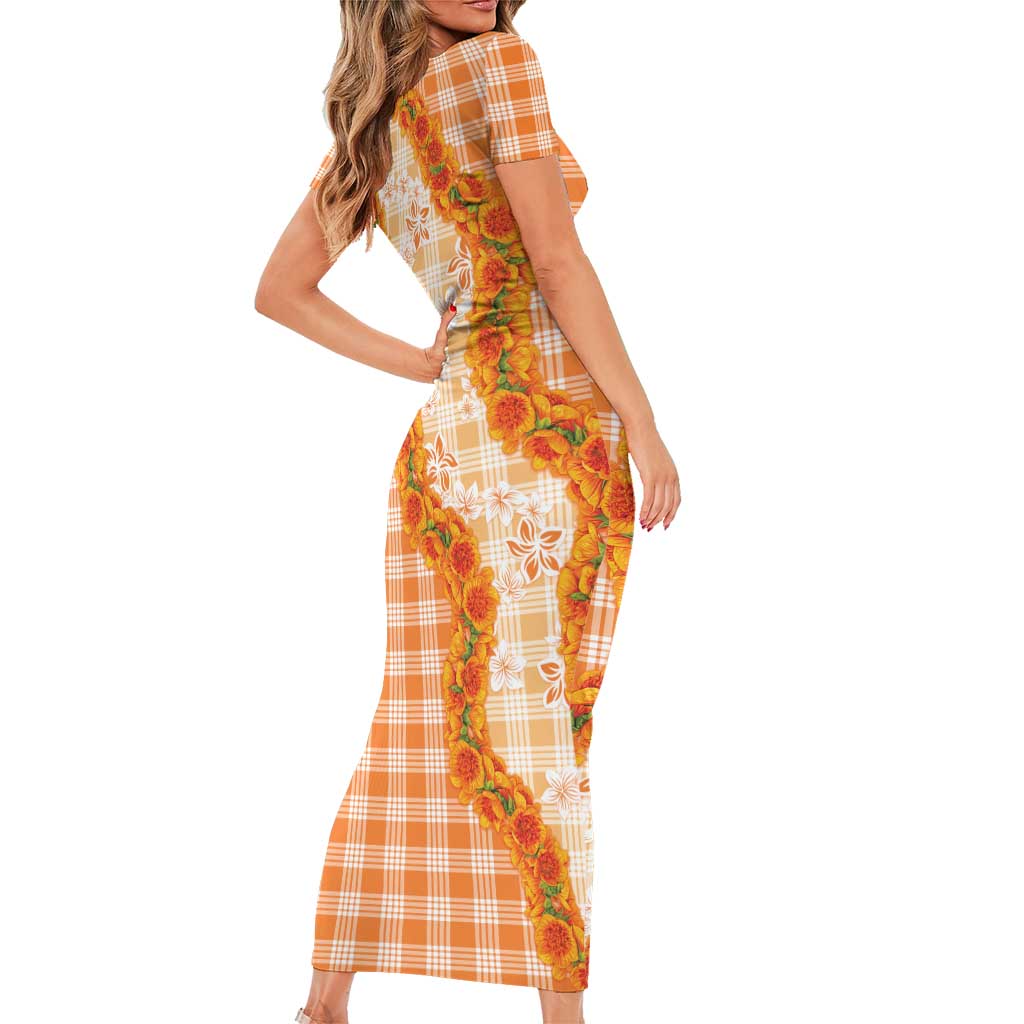 Orange Hawaii Palaka Short Sleeve Bodycon Dress Hawaiian Ilima Lei