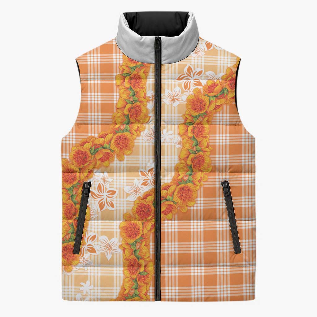 Orange Hawaii Palaka Sleeveless Puffer Jacket Hawaiian Ilima Lei