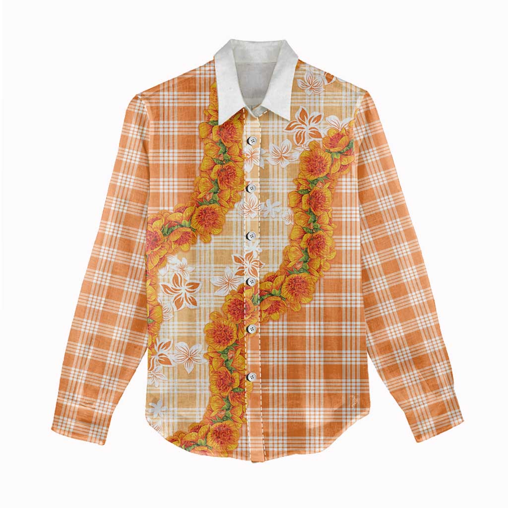 Orange Hawaii Palaka Women Casual Shirt Hawaiian Ilima Lei