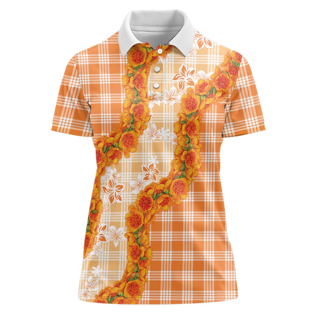 Orange Hawaii Palaka Women Polo Shirt Hawaiian Ilima Lei