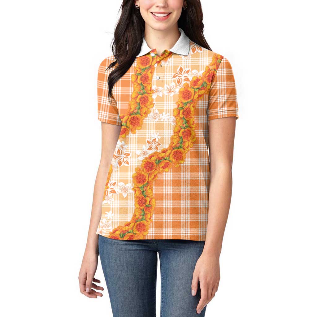 Orange Hawaii Palaka Women Polo Shirt Hawaiian Ilima Lei
