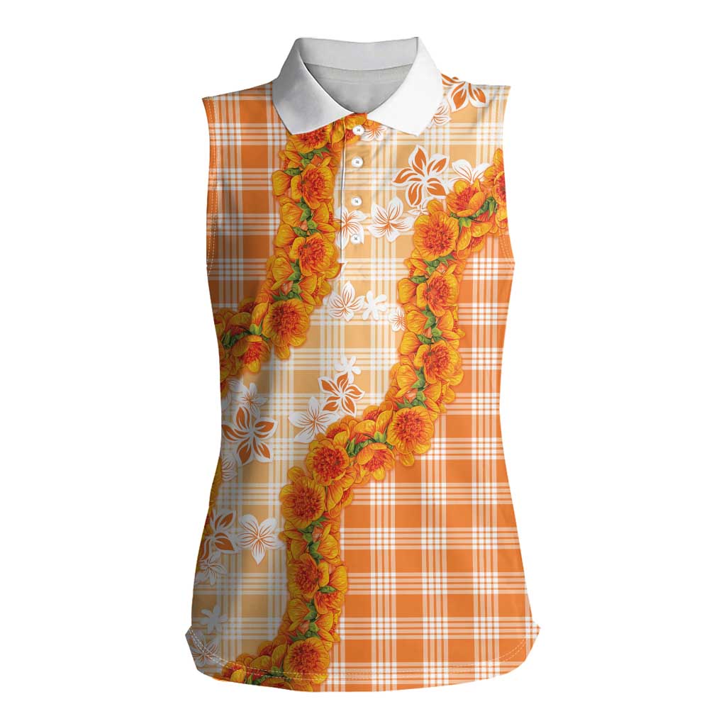 Orange Hawaii Palaka Women Sleeveless Polo Shirt Hawaiian Ilima Lei
