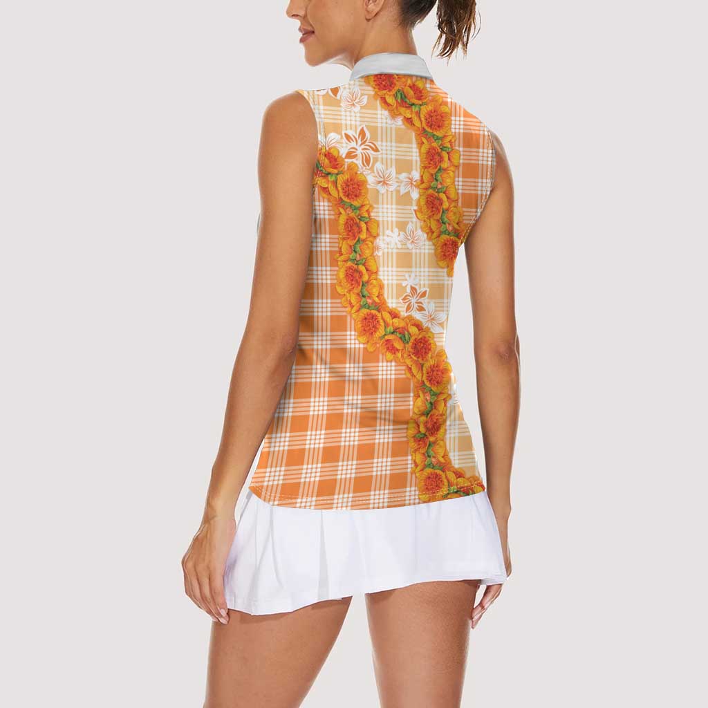 Orange Hawaii Palaka Women Sleeveless Polo Shirt Hawaiian Ilima Lei