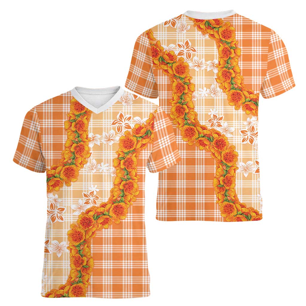 Orange Hawaii Palaka Women V-Neck T-Shirt Hawaiian Ilima Lei