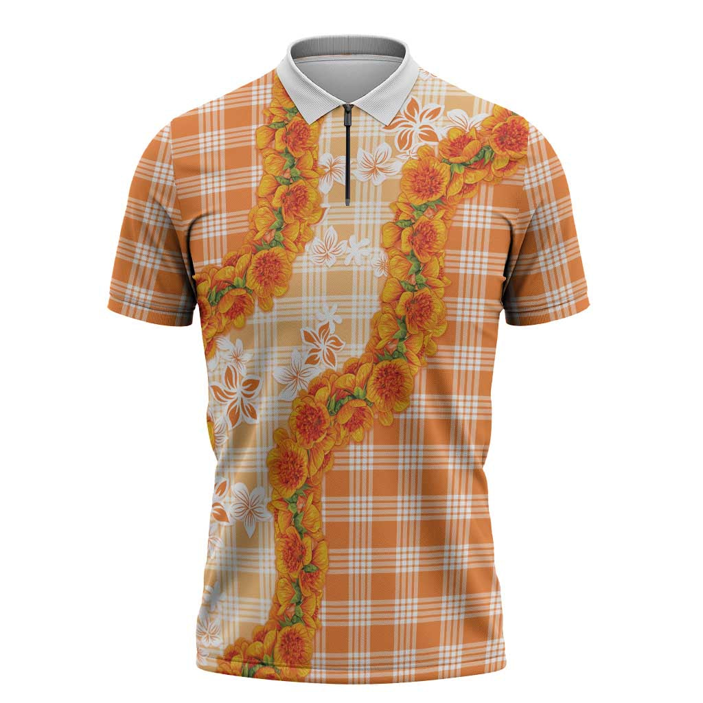 Orange Hawaii Palaka Zipper Polo Shirt Hawaiian Ilima Lei