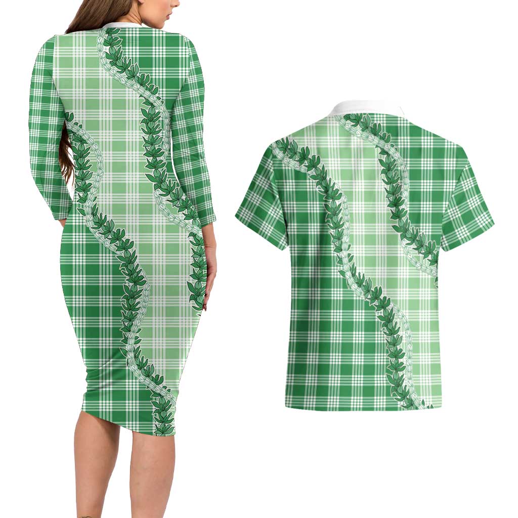 Green Hawaii Palaka Couples Matching Long Sleeve Bodycon Dress and Hawaiian Shirt Hawaiian Pikake Lei
