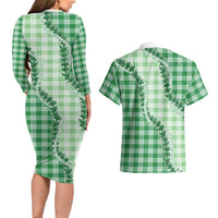 Green Hawaii Palaka Couples Matching Long Sleeve Bodycon Dress and Hawaiian Shirt Hawaiian Pikake Lei