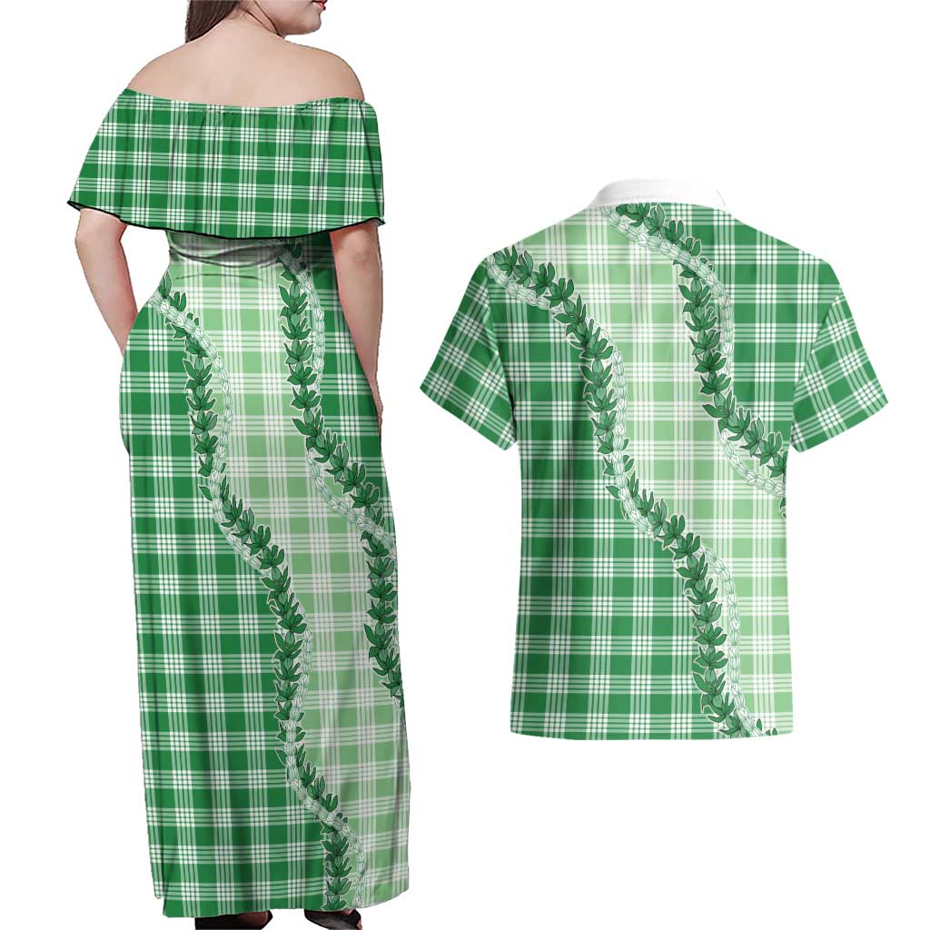 Green Hawaii Palaka Couples Matching Off Shoulder Maxi Dress and Hawaiian Shirt Hawaiian Pikake Lei