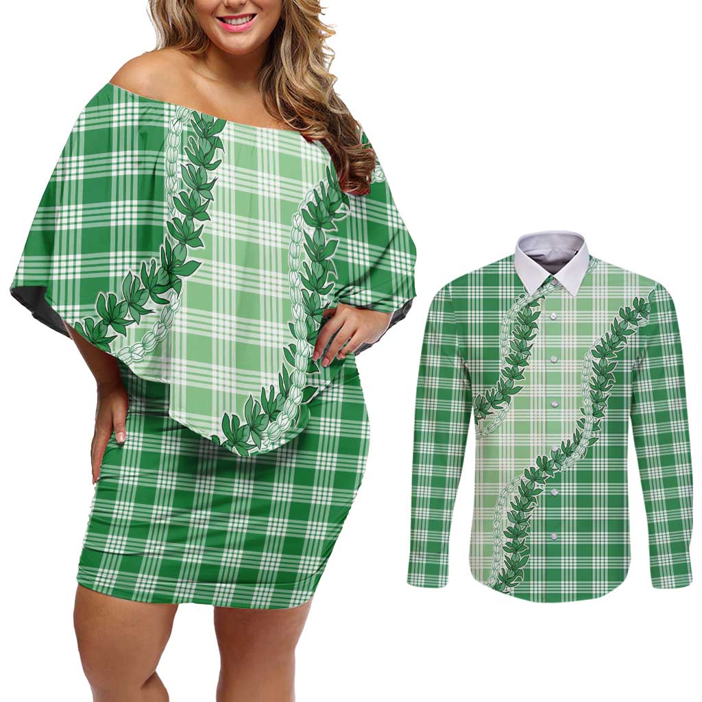 Green Hawaii Palaka Couples Matching Off Shoulder Short Dress and Long Sleeve Button Shirt Hawaiian Pikake Lei