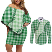 Green Hawaii Palaka Couples Matching Off Shoulder Short Dress and Long Sleeve Button Shirt Hawaiian Pikake Lei