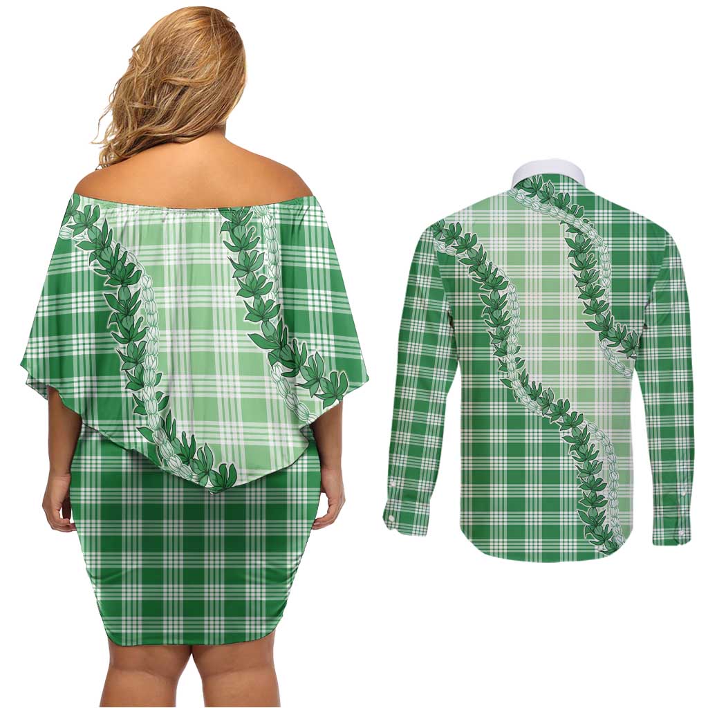 Green Hawaii Palaka Couples Matching Off Shoulder Short Dress and Long Sleeve Button Shirt Hawaiian Pikake Lei