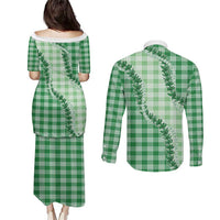 Green Hawaii Palaka Couples Matching Puletasi and Long Sleeve Button Shirt Hawaiian Pikake Lei