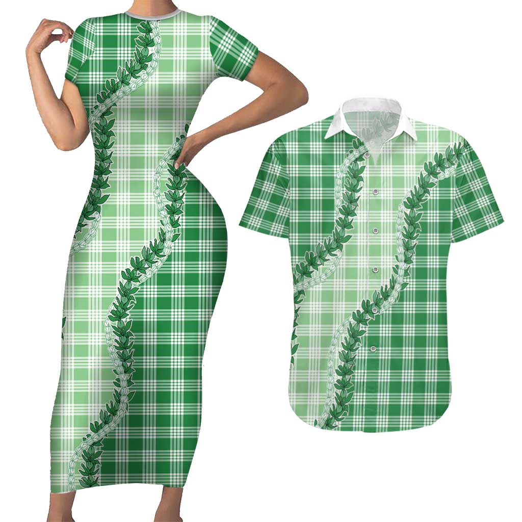 Green Hawaii Palaka Couples Matching Short Sleeve Bodycon Dress and Hawaiian Shirt Hawaiian Pikake Lei