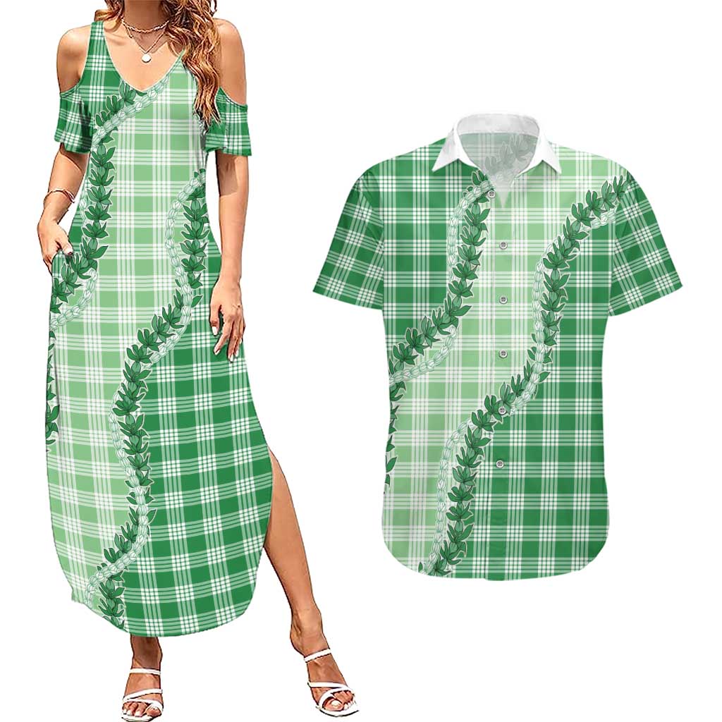Green Hawaii Palaka Couples Matching Summer Maxi Dress and Hawaiian Shirt Hawaiian Pikake Lei