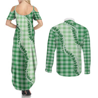 Green Hawaii Palaka Couples Matching Summer Maxi Dress and Long Sleeve Button Shirt Hawaiian Pikake Lei