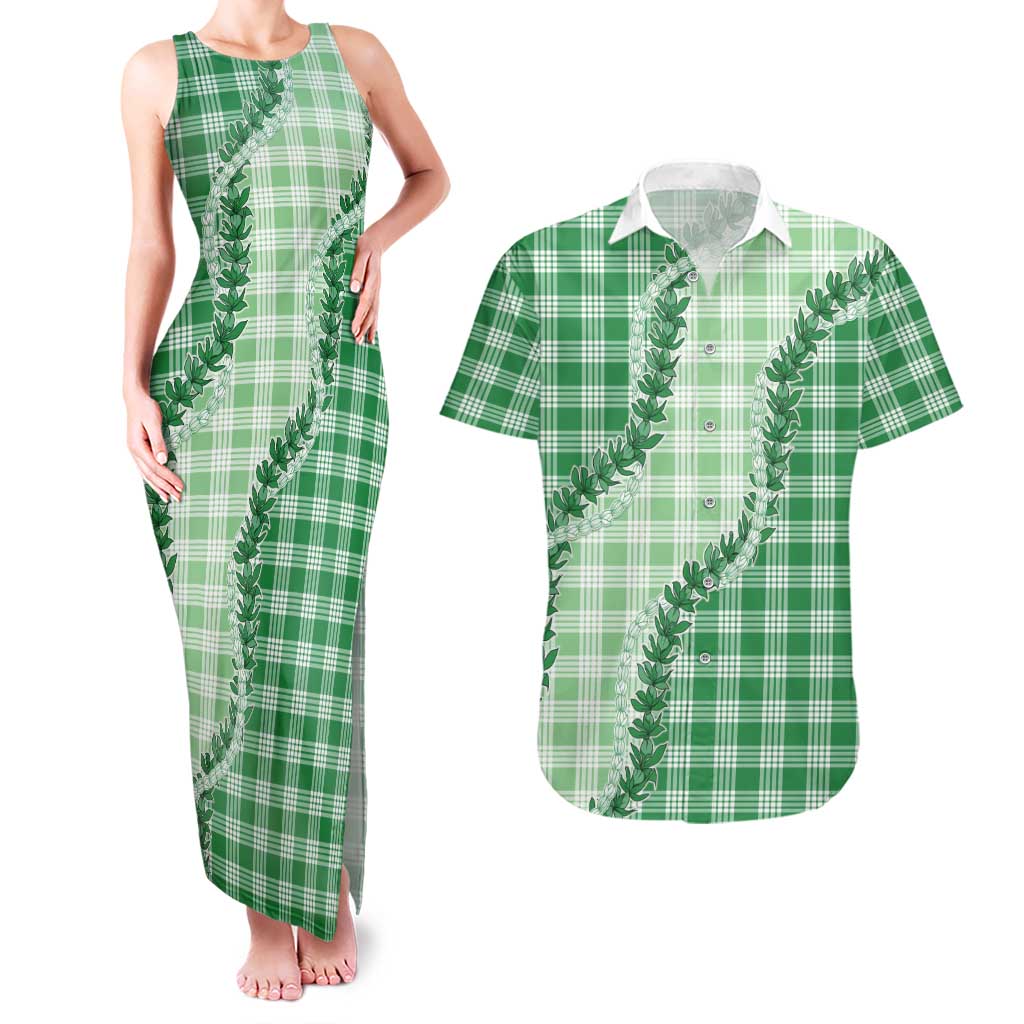 Green Hawaii Palaka Couples Matching Tank Maxi Dress and Hawaiian Shirt Hawaiian Pikake Lei