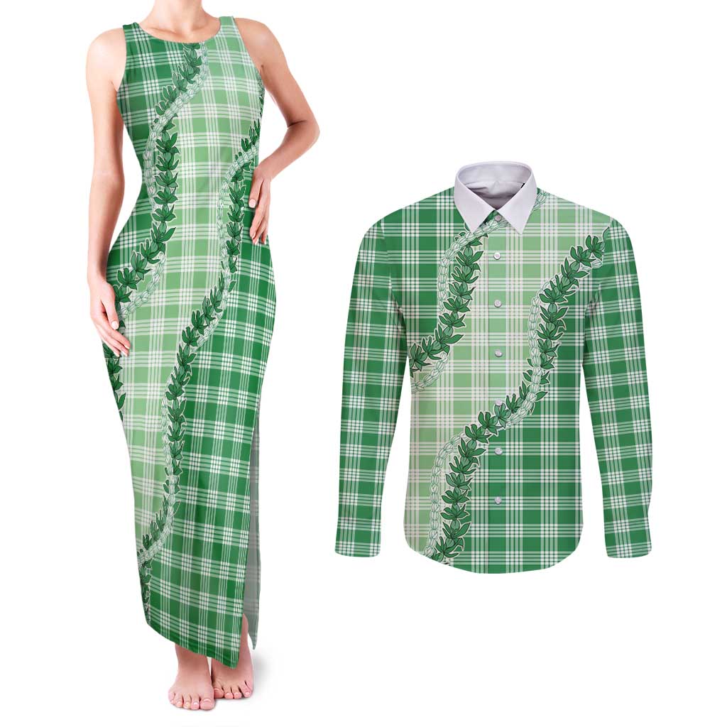 Green Hawaii Palaka Couples Matching Tank Maxi Dress and Long Sleeve Button Shirt Hawaiian Pikake Lei