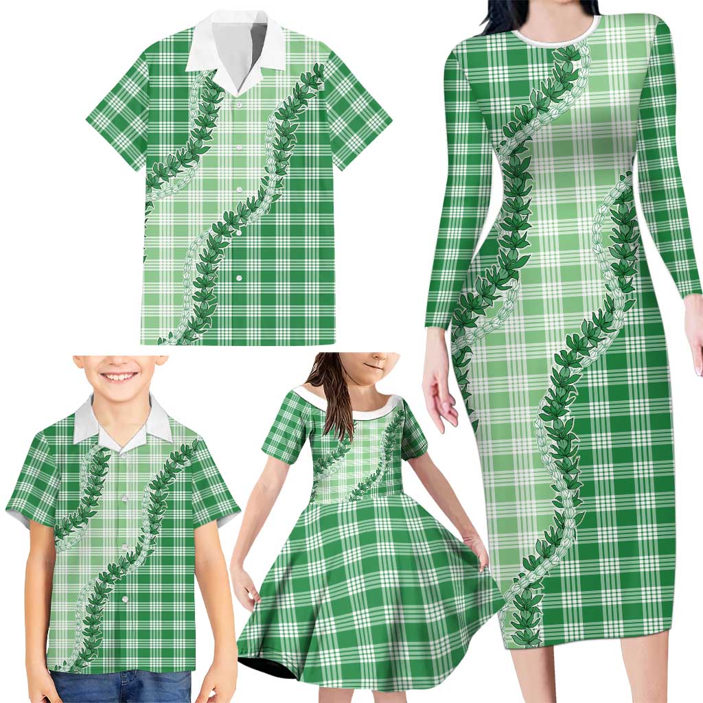 Green Hawaii Palaka Family Matching Long Sleeve Bodycon Dress and Hawaiian Shirt Hawaiian Pikake Lei LT05 - Polynesian Pride