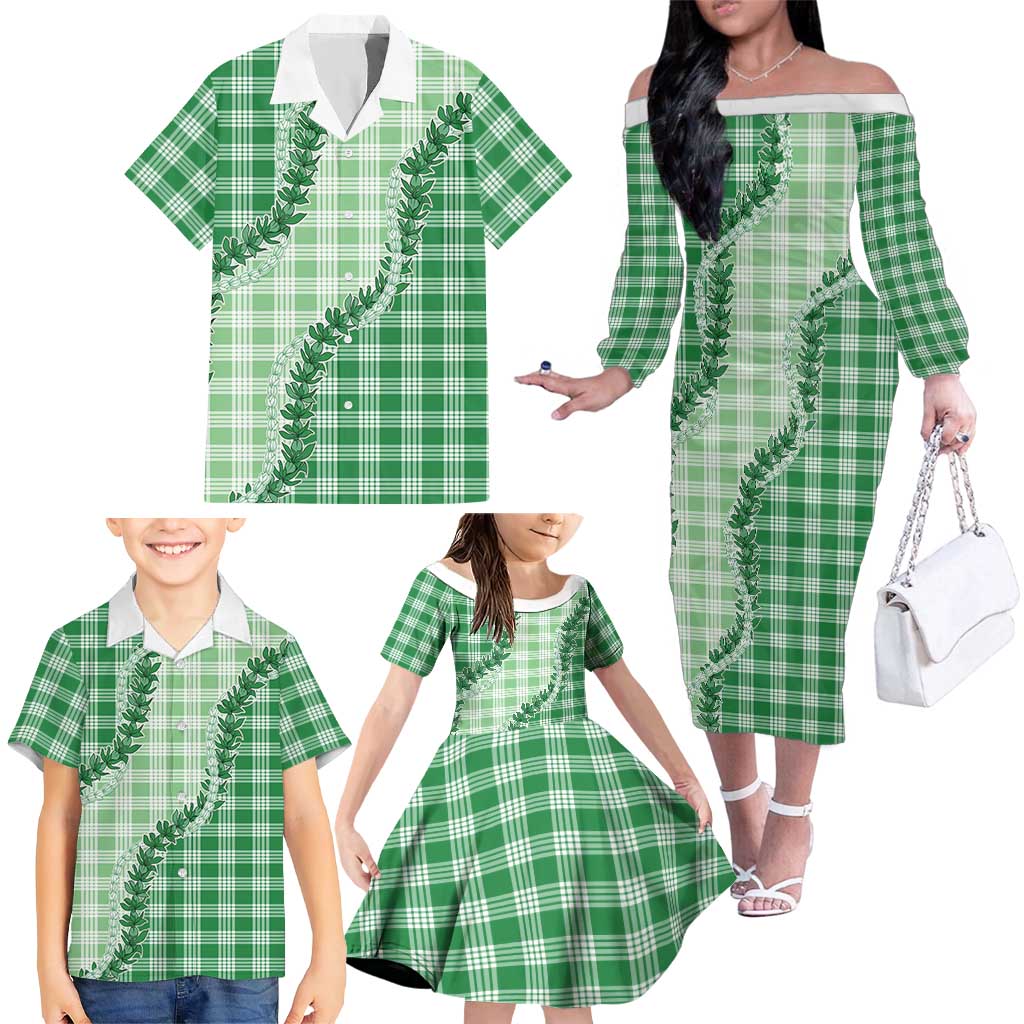 Green Hawaii Palaka Family Matching Off The Shoulder Long Sleeve Dress and Hawaiian Shirt Hawaiian Pikake Lei LT05 - Polynesian Pride