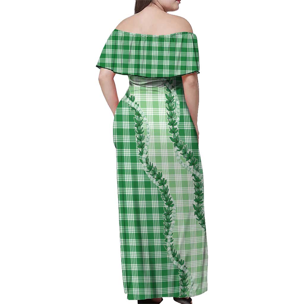 Green Hawaii Palaka Family Matching Off Shoulder Maxi Dress and Hawaiian Shirt Hawaiian Pikake Lei LT05 - Polynesian Pride