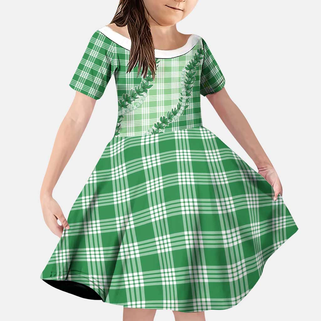 Green Hawaii Palaka Family Matching Summer Maxi Dress and Hawaiian Shirt Hawaiian Pikake Lei LT05 Daughter's Dress Green - Polynesian Pride