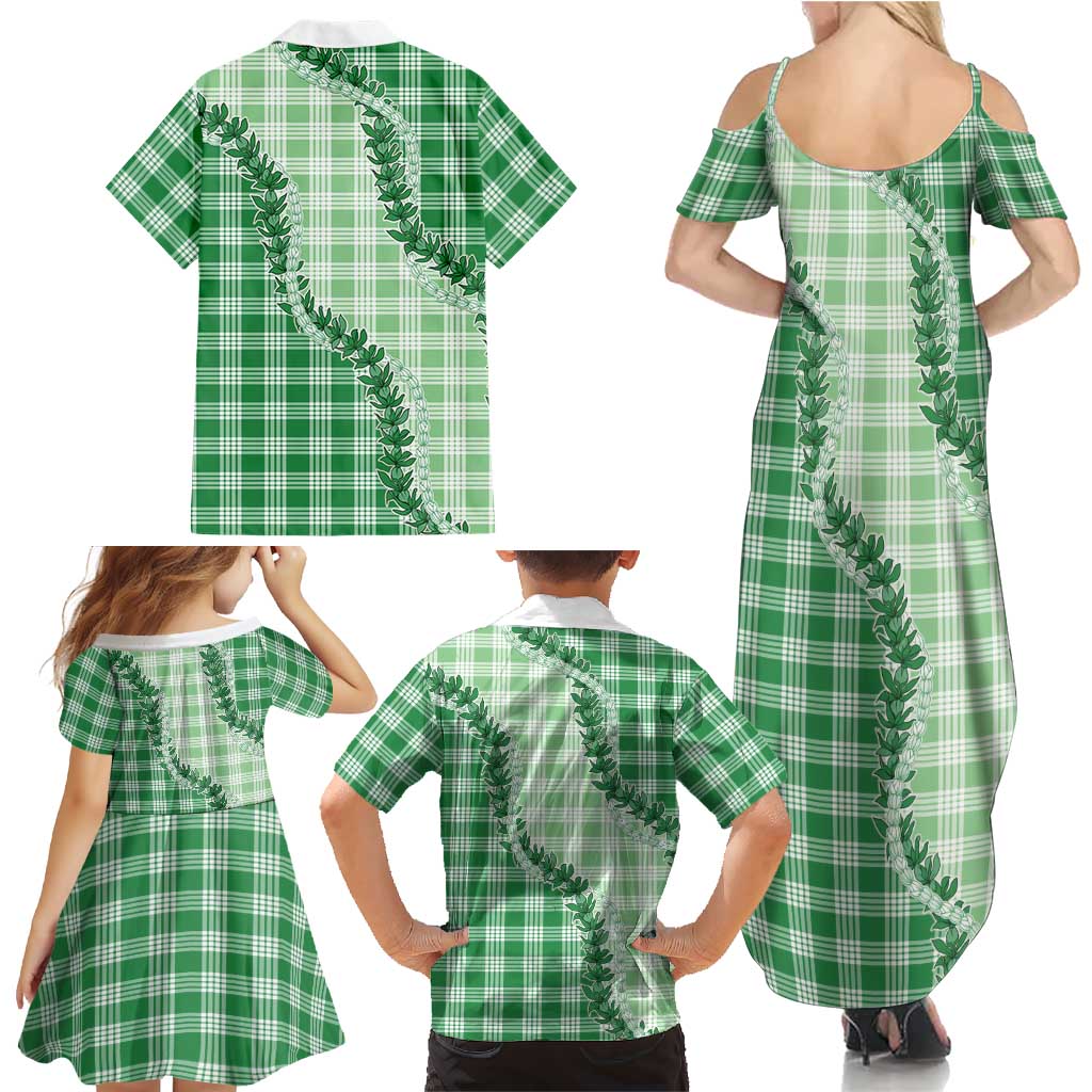 Green Hawaii Palaka Family Matching Summer Maxi Dress and Hawaiian Shirt Hawaiian Pikake Lei LT05 - Polynesian Pride