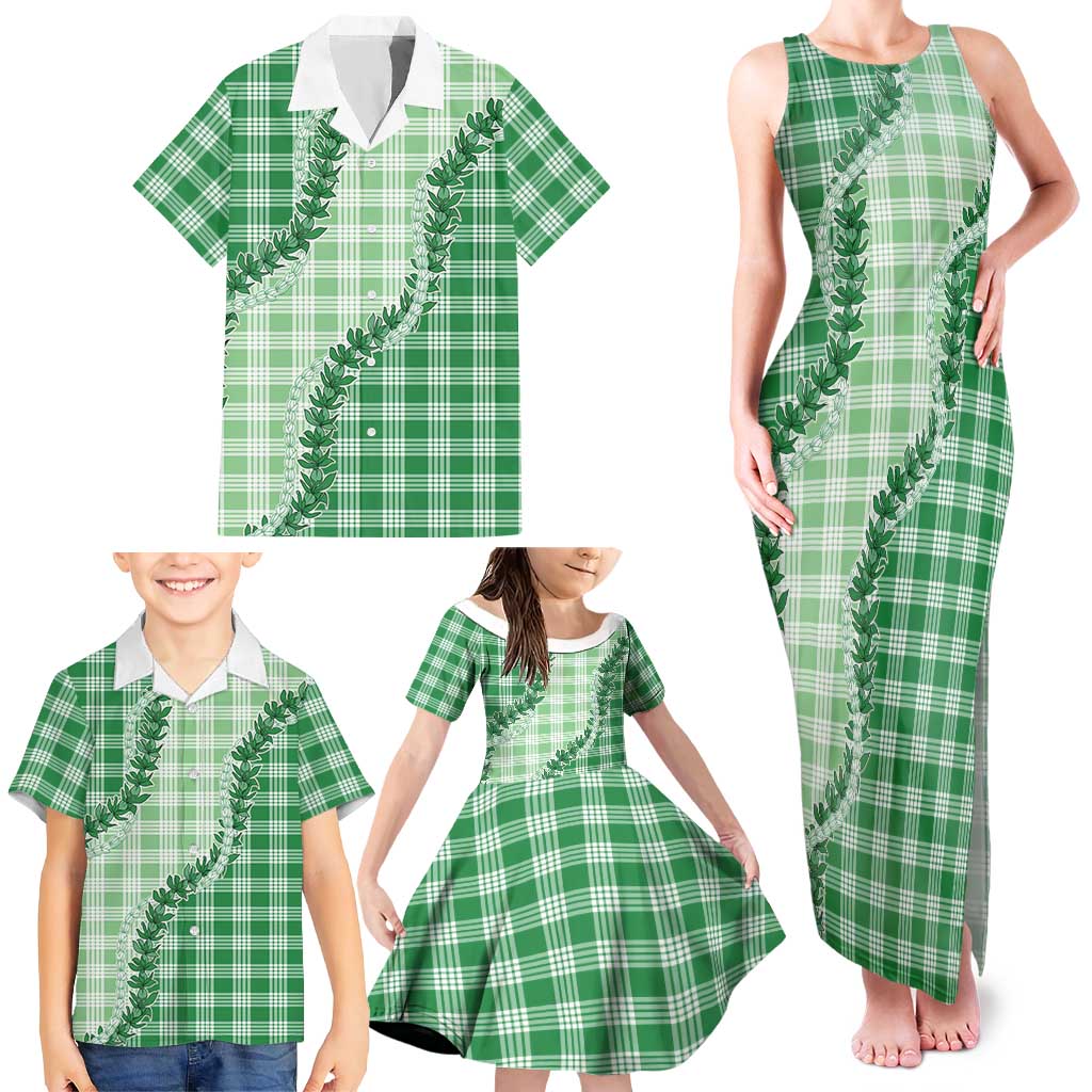 Green Hawaii Palaka Family Matching Tank Maxi Dress and Hawaiian Shirt Hawaiian Pikake Lei