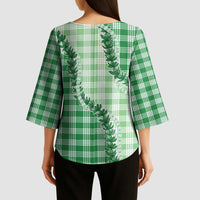 Green Hawaii Palaka Kimono Sleeve Blouse Hawaiian Pikake Lei
