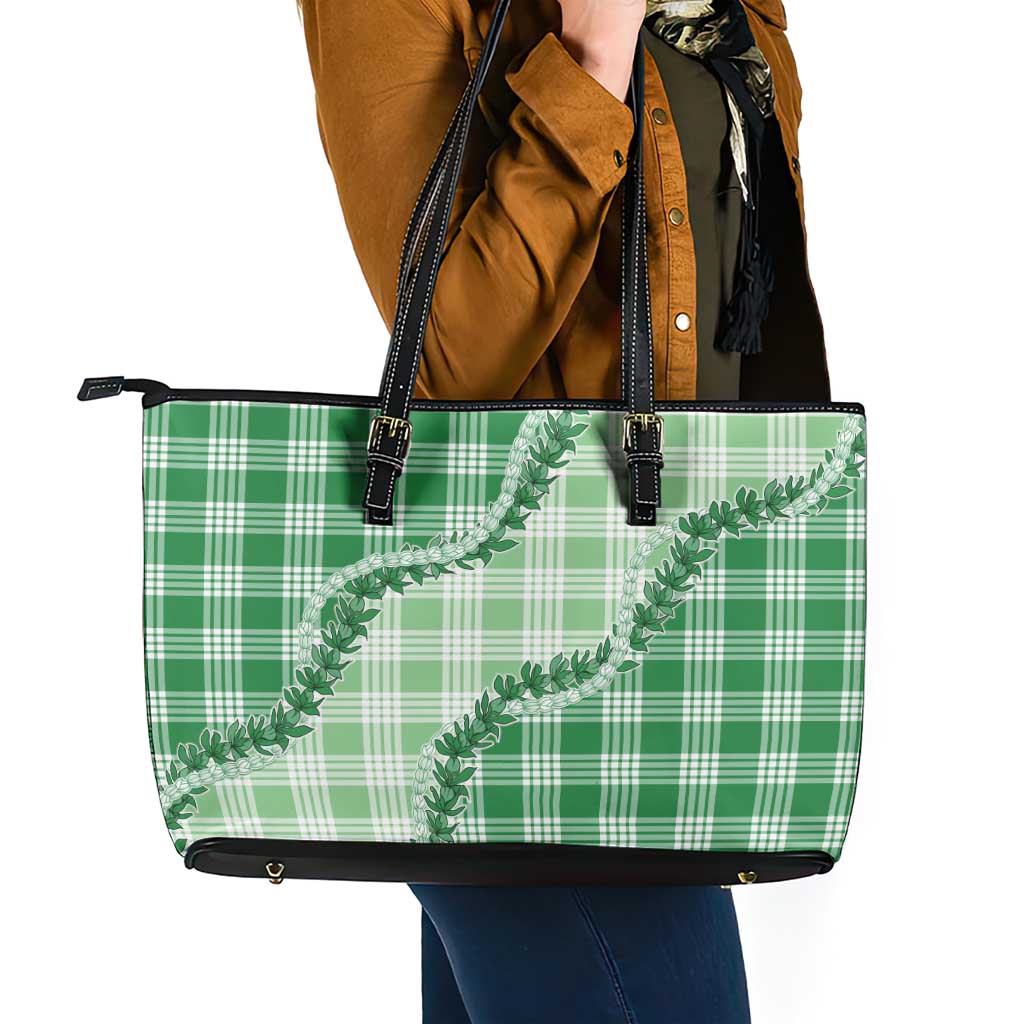 Green Hawaii Palaka Leather Tote Bag Hawaiian Pikake Lei