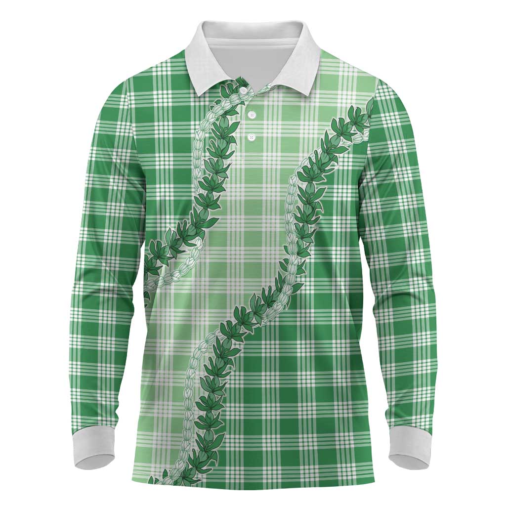 Green Hawaii Palaka Long Sleeve Polo Shirt Hawaiian Pikake Lei