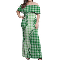 Green Hawaii Palaka Off Shoulder Maxi Dress Hawaiian Pikake Lei