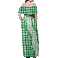 Green Hawaii Palaka Off Shoulder Maxi Dress Hawaiian Pikake Lei