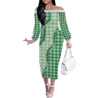 Green Hawaii Palaka Off The Shoulder Long Sleeve Dress Hawaiian Pikake Lei