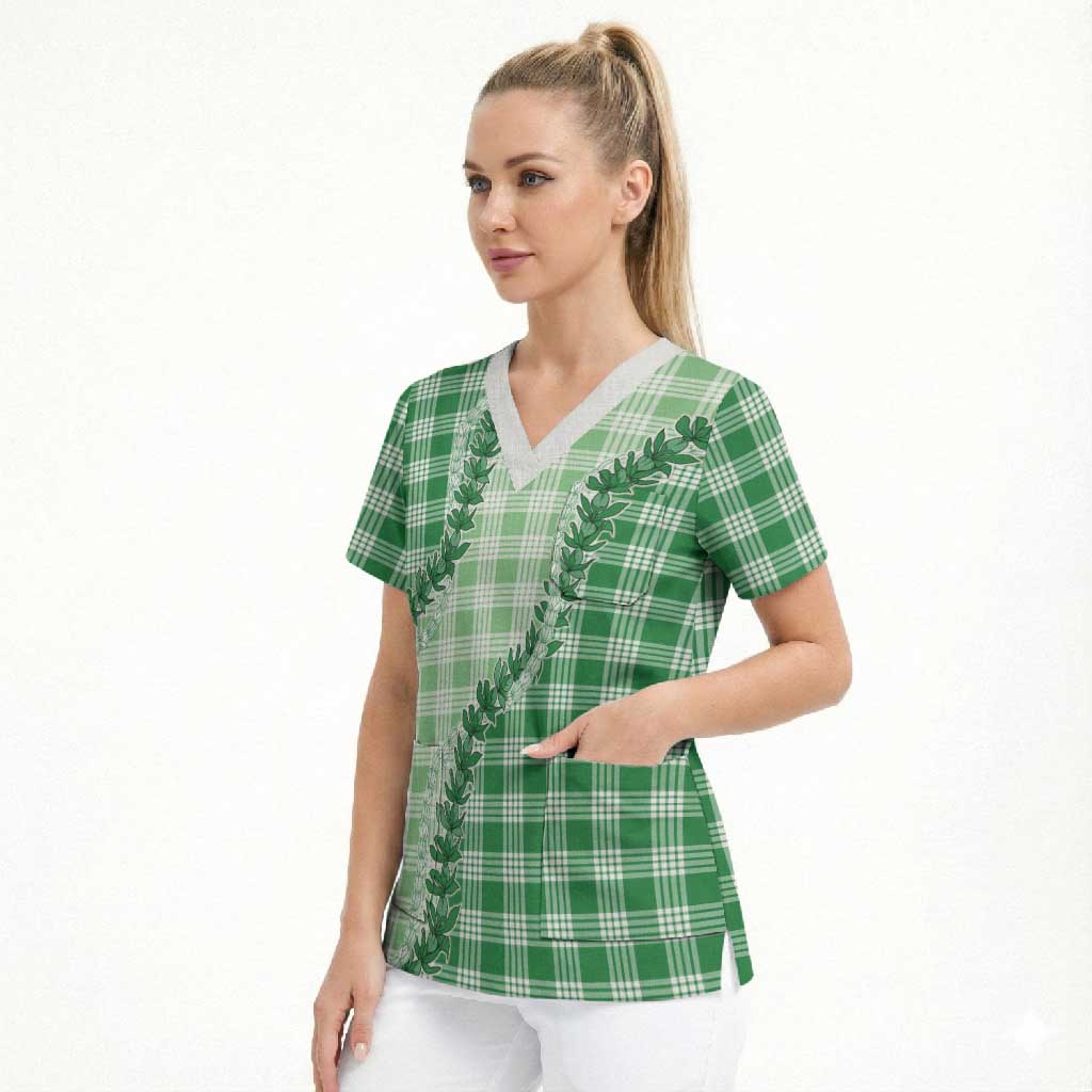 Green Hawaii Palaka Scrub Top Hawaiian Pikake Lei