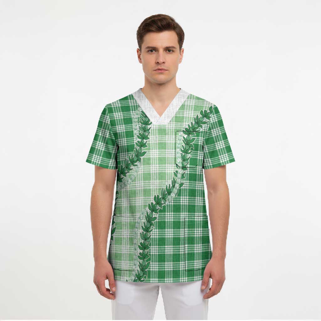 Green Hawaii Palaka Scrub Top Hawaiian Pikake Lei
