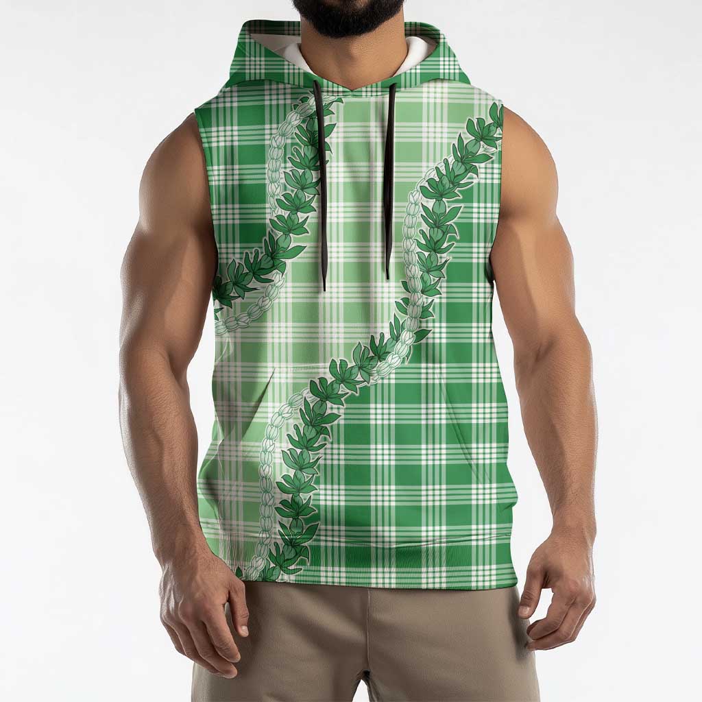 Green Hawaii Palaka Sleeveless Hoodie Hawaiian Pikake Lei