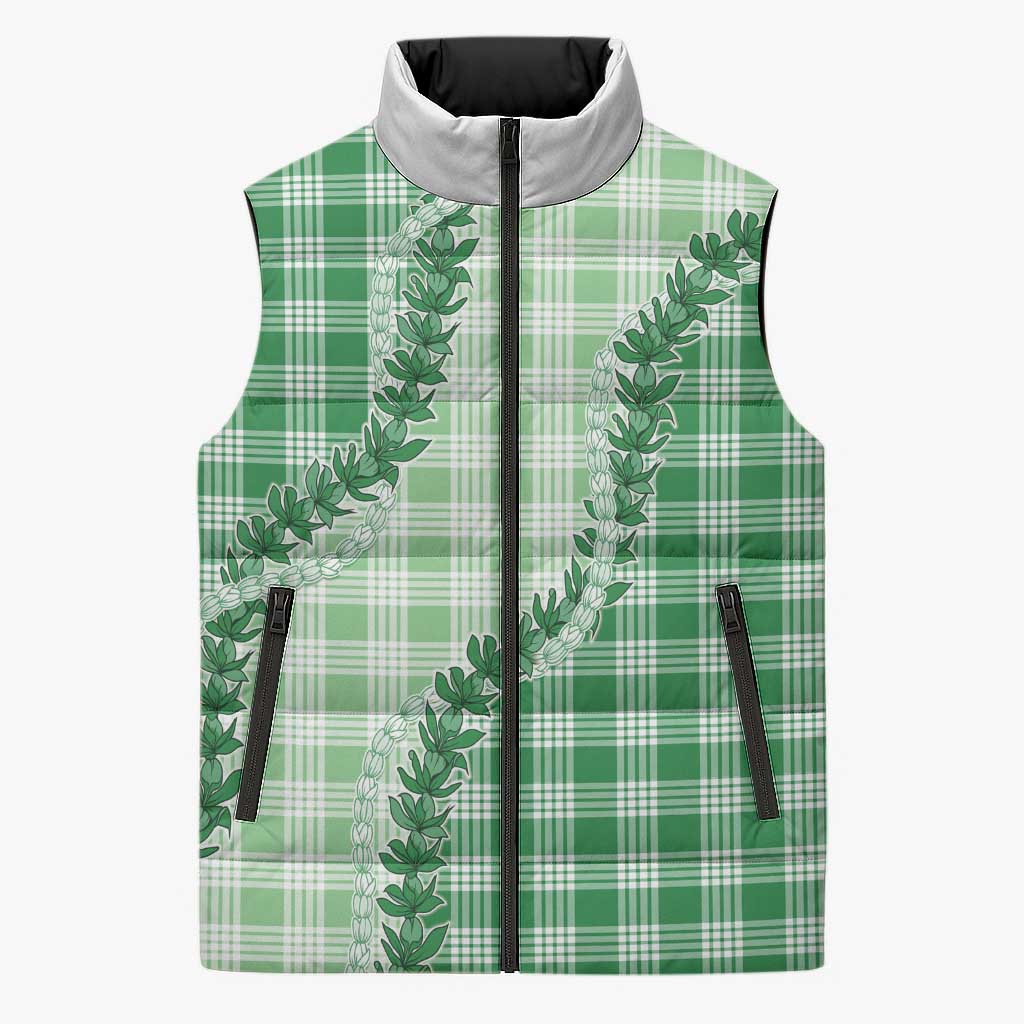 Green Hawaii Palaka Sleeveless Puffer Jacket Hawaiian Pikake Lei