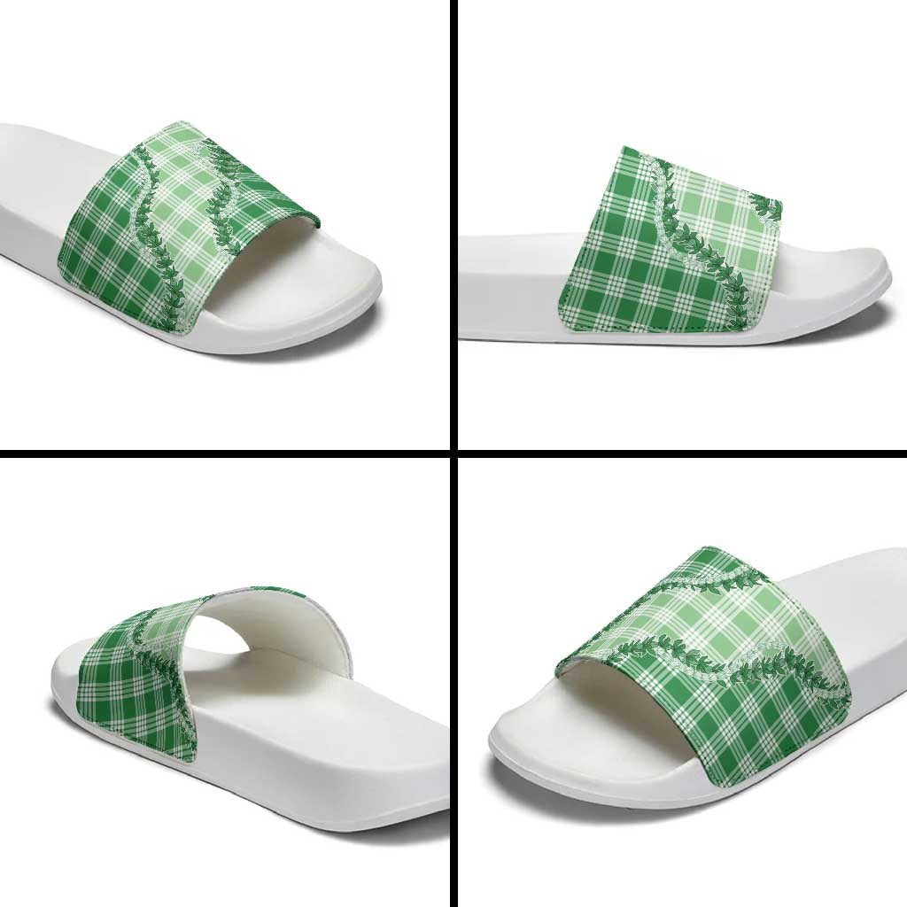 Green Hawaii Palaka Slide Sandals Hawaiian Pikake Lei