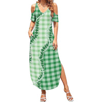 Green Hawaii Palaka Summer Maxi Dress Hawaiian Pikake Lei