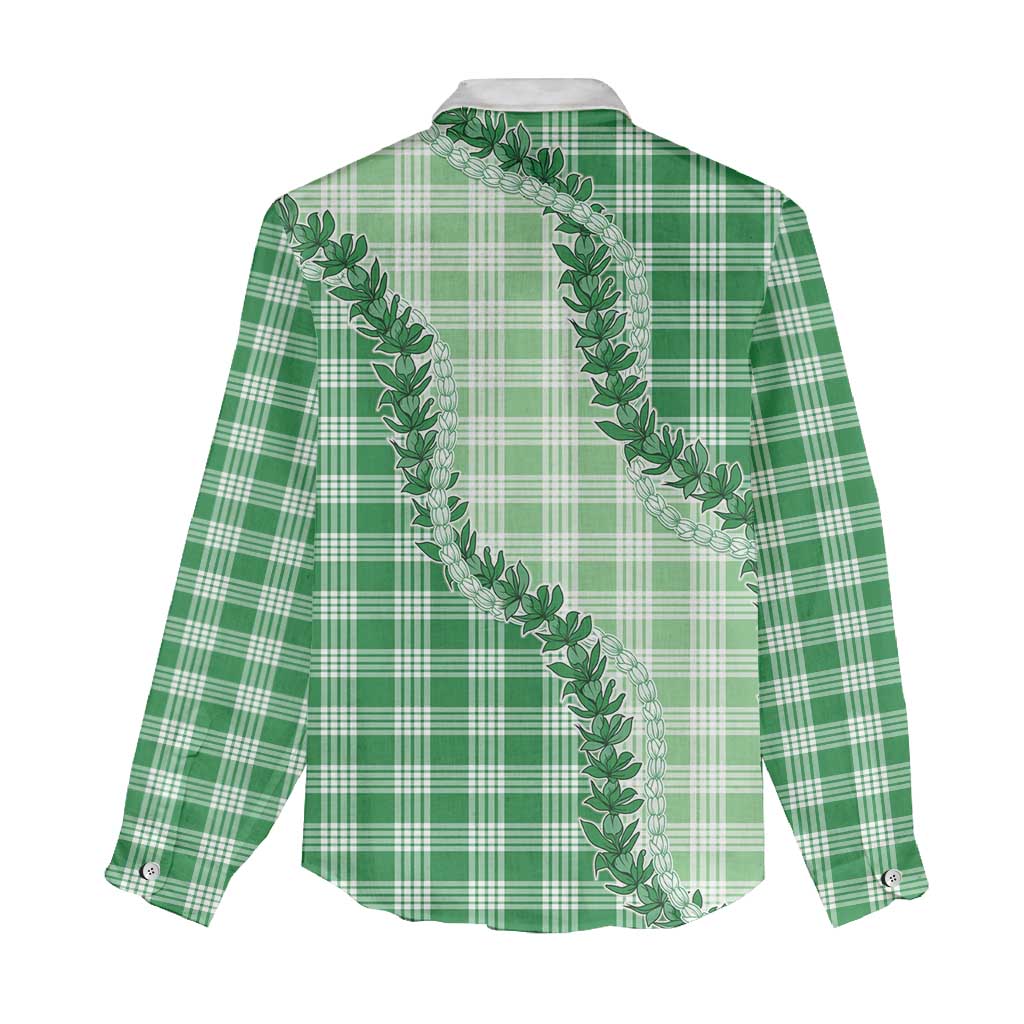 Green Hawaii Palaka Women Casual Shirt Hawaiian Pikake Lei
