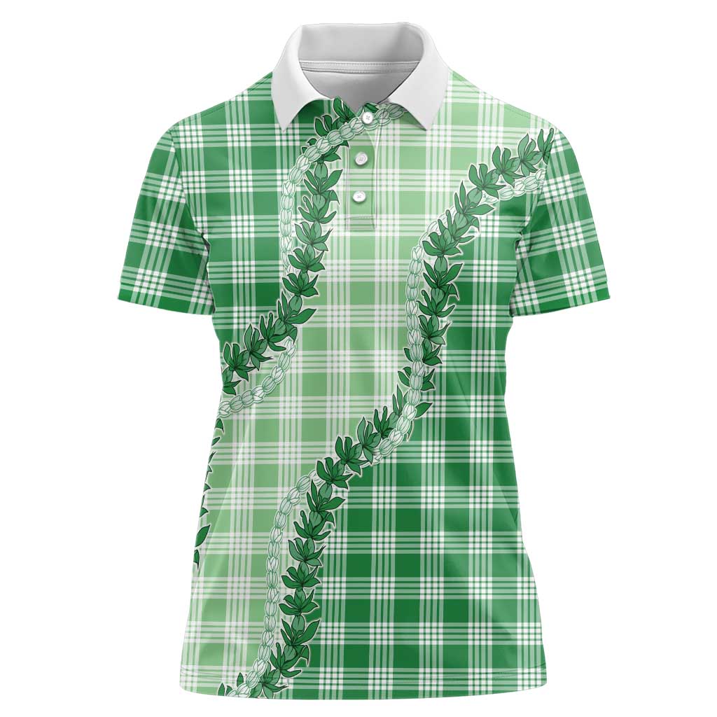 Green Hawaii Palaka Women Polo Shirt Hawaiian Pikake Lei