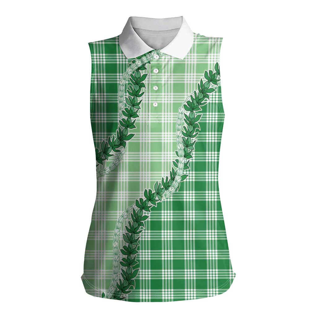 Green Hawaii Palaka Women Sleeveless Polo Shirt Hawaiian Pikake Lei