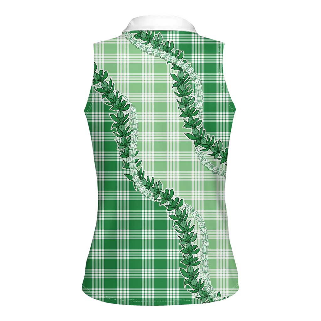 Green Hawaii Palaka Women Sleeveless Polo Shirt Hawaiian Pikake Lei